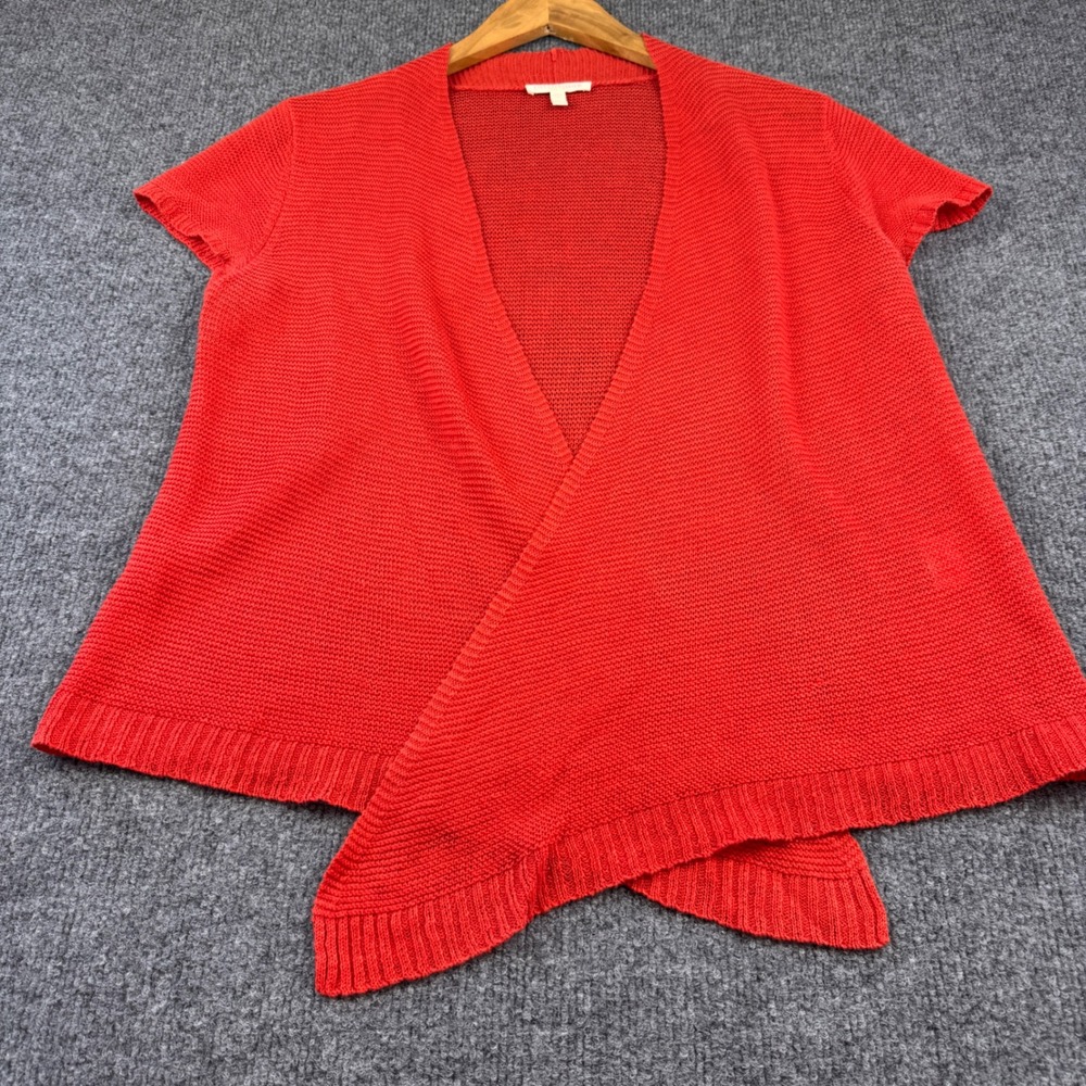 Eileen Fisher Cardigan Women PM Red Excellent 100% Linen Short Sleeve Open Front
